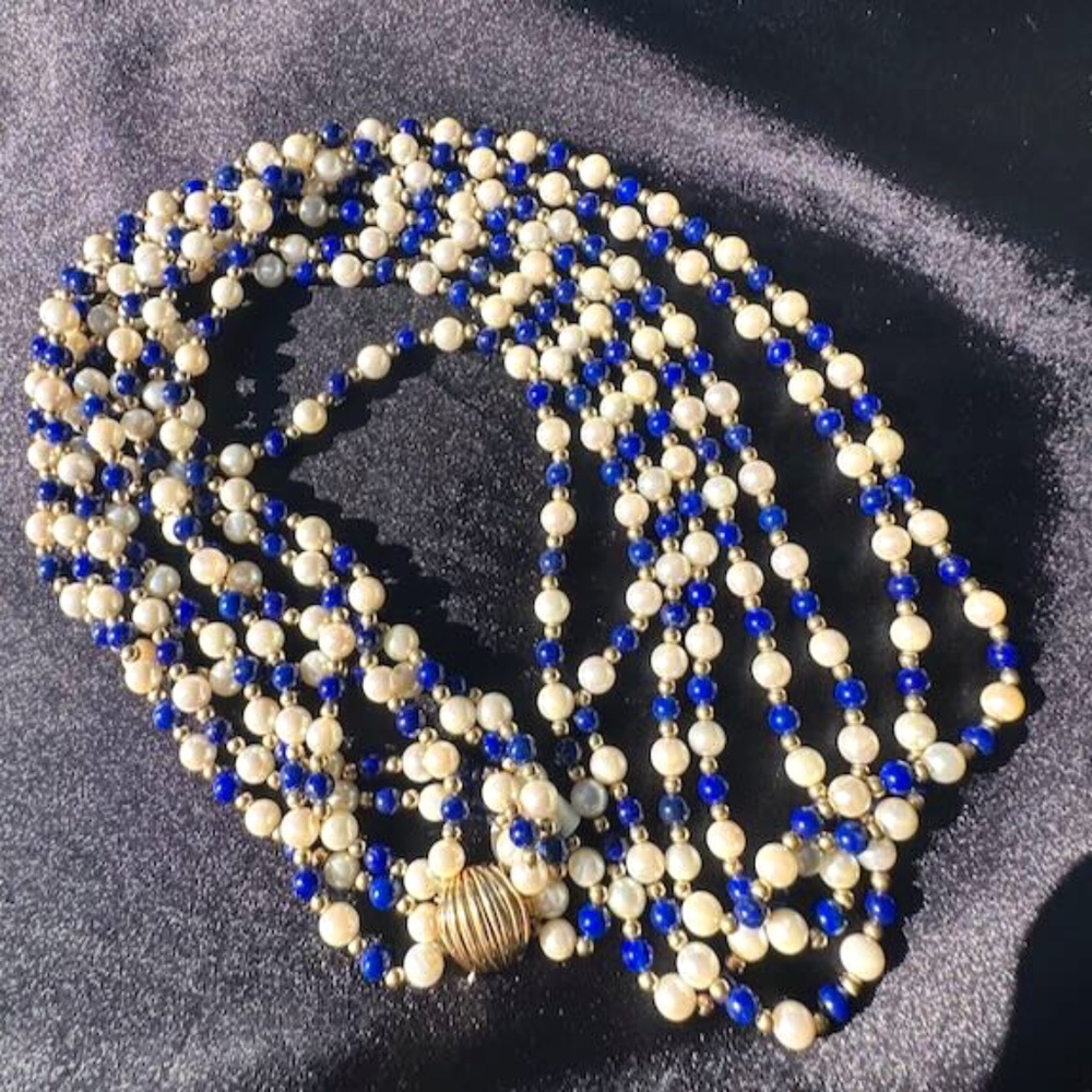 Pearl Lapis 14K Gold Necklace